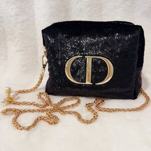 Dior black velvet cosmetic bag with gold chain